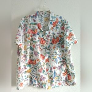 Lovely Improved Living House Shirt Floral Birds Print Pockets Short Sleeve Large